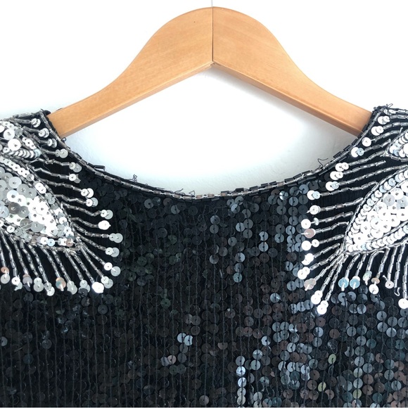 VTG ROYAL FEELINGS blouse Silk Bead sequin Black Silver DYNASTY SZ M 80s Formal - Picture 8 of 13